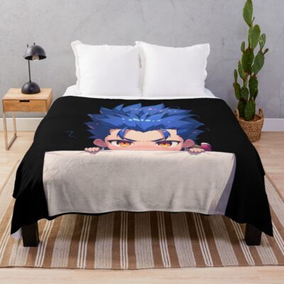 Lancer Fate Stay Night Chibi Kawaii Christmas Anime Peeker Bold Holiday Spirit Throw Blanket